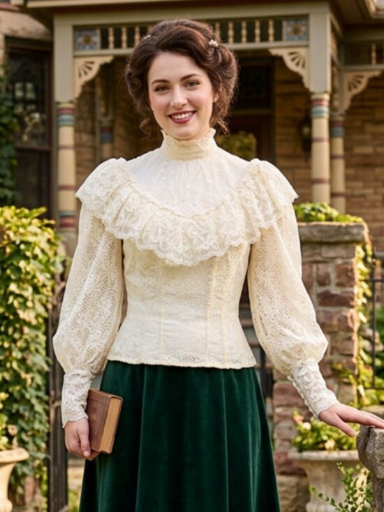 Vintage Tops - Vtg 70s does victorian ivory lace sheer ruffle puffy sleeve button back blouse